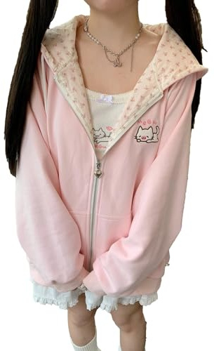 Lockenstab Womens Y2K Zip Up Cute Graphic Hoodies Cat Ears Casual Cartoon Harajuku Kawaii Clothes Oversize Streetwear Jacket