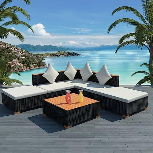 Hoopleep 6-TLG. Garten-Lounge-Set, Schwarz Poly Rattan mit Cremeweißen Auflagen, WPC-Tischplatte, Modulares Outdoor Möbel Set für Terrasse und Garten
