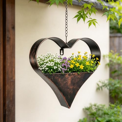 THCTYRP Metall Blumentopf Herzform Hängend, Wetterfest | Gartendeko für drinnen & draußen, Für Balkon & Wohnzimmer, Pflanzgefäß Hängeblumentopf