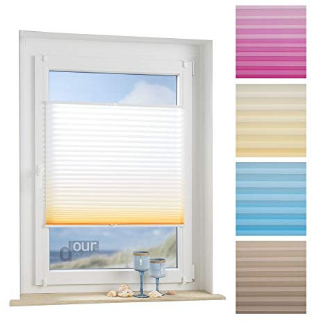 ourdeco® Plissee / 120 x 130 cm weiß-orange/lichtdurchlässig, Blickdicht/Farbverlauf: azurblau, orange/Montage ohne Bohren