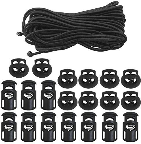 20 STÜCKE Kunststoffschnurschlösser & elastische Bungee-Nylon-Schockschnur 5/32 50 ft Längen, DaKuan 10 STÜCKE Sing-Hole, 10 STÜCKE Double-Hole (Schwarz) End Spring