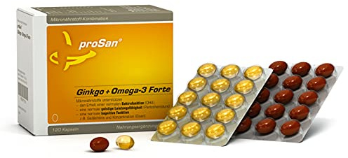 proSan Ginkgo+Omega-3 Forte (Monatspackung: 120 Kapseln) | Ginkgo-biloba + Omega-3-Fettsäuren DHA und EPA, 7 gehirnaktive Mikronährstoffe, Gedächtniskapseln bei Vergesslichkeit