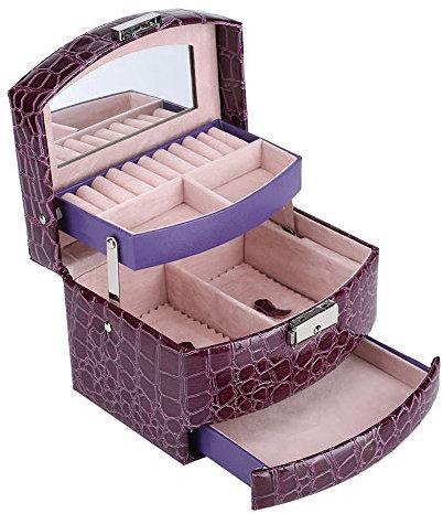 Wakects Schmuckkästchen halbautomatische dreischichtige abschließbare Tragbare Klassisch Schmuckschatulle Krokodil Pu Leder Schmuck Ring Aufbewahrungsbox Display 6.1x5.11x4.52inch (Lila)