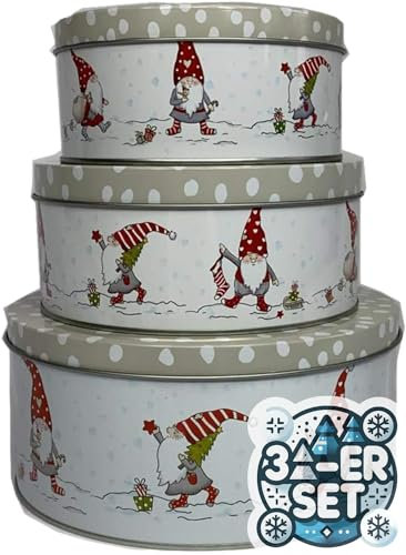 CasaJame 3er Set Metall Keksdose Plätzchendose rund Weihnachten Wichtel grau weiß Gepunkteter Grauer Deckel 14-20 cm