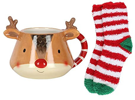 SJ TRADERS Rentier-Kaffeetasse, Weihnachtsgeschenke, Neuheit Weihnachten Keramik Tasse und Socken-Set, Kaffee- und heiße Schokolade-Tassen, Geschenke für Ihre Lieben zu Weihnachten (Rentier)