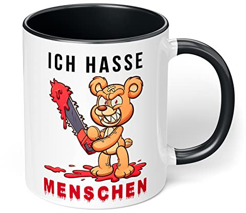 True Statements Spruchtasse Ich Hasse Menschen - Kettensäge Teddybär - Die Kaffeetasse fürs Büro - beidseitig Bedruckt - spülmaschinenfest schwarz