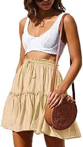 Hoerev Damen Mädchen Floral ausgestellter kurzer Rock niedlich hohe Taille Rüschen Rock Strand Minirock,Beige,Größe S