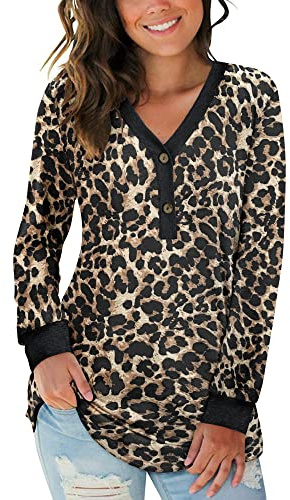 AUSELILY Women's Long Sleeve Tops V-Neck Jumpers Causal Button Down Sweatshirts Loose Henley T Shirt Blouse(Spotted Leopard,L)