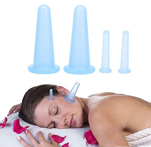 4-teiliges Schröpftherapie Set für Gesicht, Schröpf Vakuum Saug Massageschalen für Hals-Augen-Haut, Lösen von Faszien, Lymphdrainage oder Natürliche Schmerzlinderung(Blau)