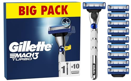 Gillette Mach3 Turbo Men's Razor, Gillette Razors for Men Mach 3, 9 Razor Blade Refills, Safety Razors for Men, 3 Blades for a Smooth Shave, Fits All Mach3 Handles, Disposable Razors for Men