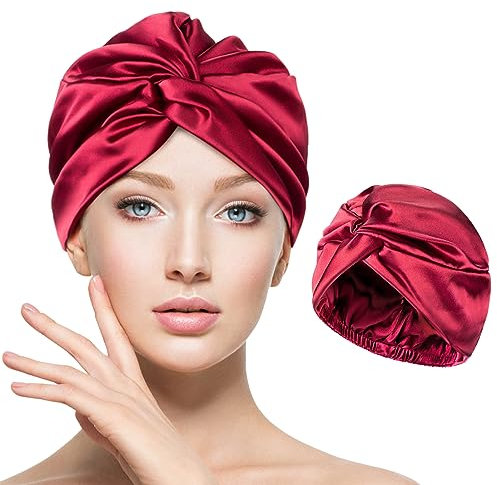 Kiiwah Seidenhaube zum Schlafen, Schlafmütze für Frauen Satin Bonnet Schlafhaube Seide, Superweiche Kunstseide Haarpflege Nachtmütze mit Gummiband für Damen und Mädchen (Rot)