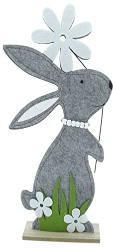WBWT Oster-Hase Figur aus Filz, grau Größe L 46cm, mit Ei auf Holz-Fuß für Ostern Frühling, Auswahl von Farbe und Größe möglich, Oster-Deko