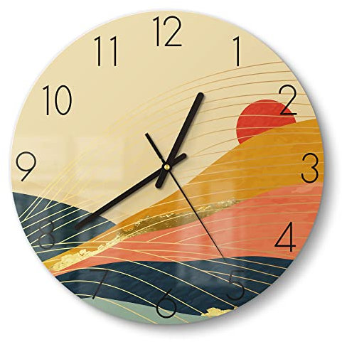 DEQORI Glasuhr | rund Ø 30 cm | Motiv Abstrakte Bergwelt | ausgefallene leise Design Uhr aus Glas | Wanduhr für Wohnzimmer & Küche | moderne Hingucker Uhr für die Wand
