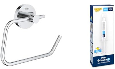 GROHE Start QuickFix Toilet Roll Holder without Cover & QuickGlue A1 (Metal, Concealed Fastening, Including Screws and Dowels, Easy to Fit), Size 44 x 119 mm, Chrome, 41200000