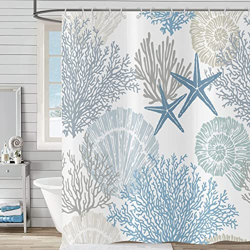 Hnmdmyi Nautical Coastal Shower Curtain 180x180, Starfish Seashell Coral Beach Shower Curtains Ocean Themed Underwater Marine Bathroom Curtains Waterproof Fabric Washable Bath Curtains with Hooks