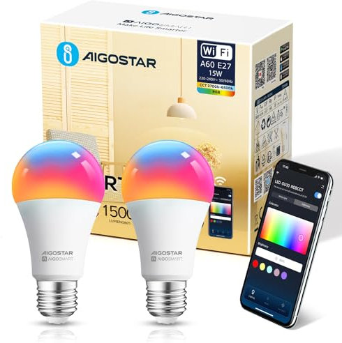 Aigostar Alexa WLAN Glühbirne E27 SL2 Smart Lampe 15W 1500ML (Équivalent 98W), Wifi Lampe LED RGB 2700-6500K Dimmbare, Mit Musik synchronisieren, mit Alexa/Google Home, Kein Hub notwendig, 2 Stück