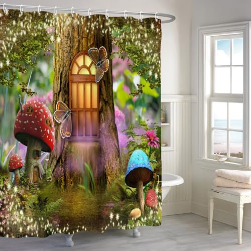 Renaiss 72x72 Inches Enchanted Forest Mushroom Shower Curtain Cartoon Magtic Old Trees House Butterflies Fairy Tale Wonderland Fantasy Shower Curtains Set for Bathroom Decor Waterproof with Hooks