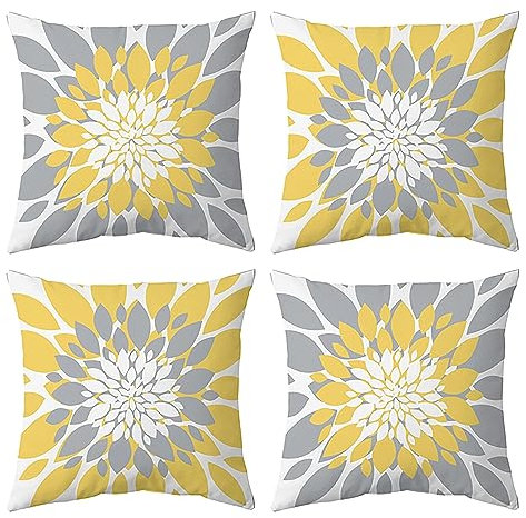 Qahing Lot de 4 housses de coussin carrées décoratives et imperméables pour extérieur, mobilier de jardin, canapé, tente, parasol, banc, jaune moutarde et gris, 45,7 x 45,7 cm