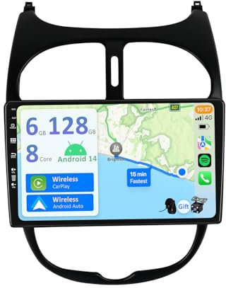 YUNTX Android 14 [6GB+128GB] 2 DIN Autoradio para Peugeot 206 (2002-2010)-[Integrado CarPlay/Android Auto/DSP/GPS]-IPS 2.5D 9”Touch Screen-Cámara+Mic-Dab/Bluetooth 5.0/360 Cámara/Control del Volante