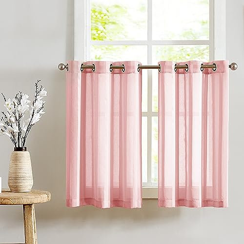 TOPICK Rideaux Voilage Court à Rayures Rose 90x60 cm, Voilages et Brise-Bise Rayés Intérieurs Translucides, Moderne pour Salon Chambre Enfant Adult Lot de 2