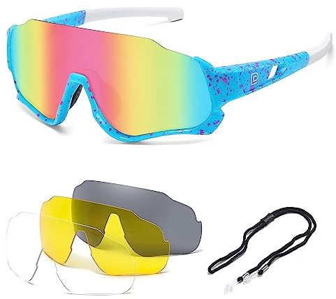 DUCO Polarisierte Kinder Sonnenbrille Schnelle Brille mit 3 Linsen DK280 | Fahrradbrille für Jungen Mädchen 8-15 Jahren, Wrap Around UV400-Schutz Laufbrille Sportbrille für Wandern/Baseball/Radfahren