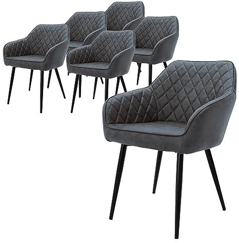 ML-Design Lot de 6 Chaises de Salle à Manger avec Accoudoirs et Dossier, Anthracite, Revêtement en Simili, Pieds en Métal Noir, Chaise de Cuisine Salon pour Table à Manger, Protections de Sol Inclus