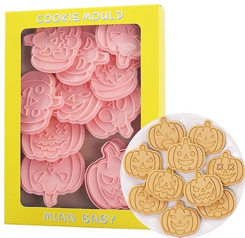 PTaizjjz Halloween Cookie Cutters and Stamps, 10PCS Plastic Biscuit Cutters, Pumpkin Head Funny Cookie Cutter for Halloween Baking Kit