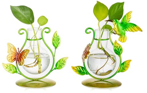 Glasseam Hydroponik Vase Gold, 2 Stück Pflanzen Terrarium Blumenvasen Set, Kleine Gglasvasen mit Creative Metall Gerahmt Propagation Station, Niedlicher Kleine Vasen für Tischdeko Wohnkultur