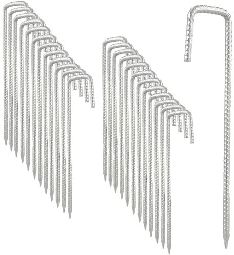 DAJAVE 24 Pcs 12 Inch Tent Pegs Metal Heavy Duty Ground Pegs 8mm Thick Ground Stakes Galvanised J Tent Hooks Pegs for Gazebo, Camping, Trampolines, Swing, Bouncy, Football Nets