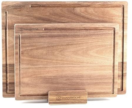 Hanseküche Schneidebrett Set – Hochwertige Schneidebretter – Holzbrett Küche groß mit Saftrille, Küchenbrett, massives Schneidbrett (Akazie, 2er Set)