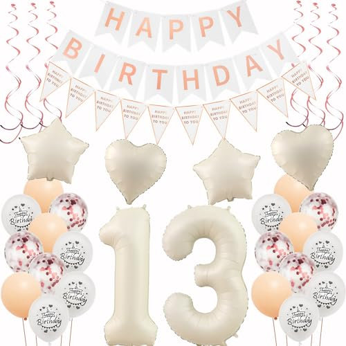Deko 13. Geburtstag Mädchen Beige Roségold Luftballons 13 Geburtstag Dekoration Mädchen，13 Deko，Geburtstagsdeko 13 jahre,Happy 13th Birthday Girlande 13 Party