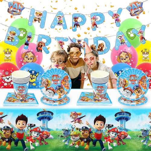 YISKY Decoración Cumpleaños Patrulla Canina, 62 Piezas Juego de Vajilla de Cumpleaños Fiestas, Kit Patrull Canin Cumpleaños, con Globos Platos Tazas Servilletas Banner Manteles, para 10 Personas