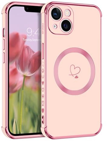 DOMAVER Case for iPhone 13 [Compatible with Magsafe] Luxury Gold Heart Design Slim Shockproof Soft TPU Cover for Girls Women Men, Protective Magnetic Phone Case for iPhone 13 6.1inch, Pink