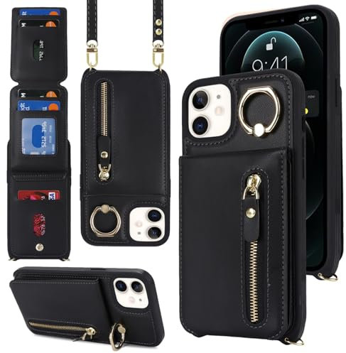 Zouzt for iPhone 12/12 Pro Case with Card Holder and Strap, Wallet Case with 7 Card Slot PU Leather Zipper Crossbody Lanyard with Adjustable Necklace Ring Cover 6.1 - Black