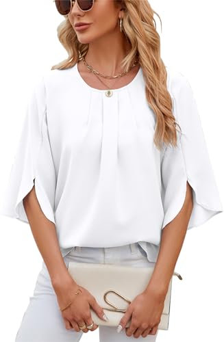 LEKOPUR Weiße Oberteil Damen Elegant 3/4 Arm Bluse Tunika Chiffon Damenblusen Oberteile Einfarbig Frühling Herbst Blusenshirt Flowy Sommerbluse