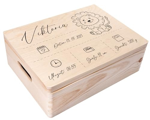 Creative Deco Erinnerungsbox Baby Personalisiert mit Namen - Löwen | 40 x 30 x 14 cm | Individuelle Erinnerungskiste Geschenk zur Geburt für Mädchen und Jungen | Holzkiste mit Deckel | Farbdruck