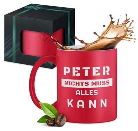 Maverton Keramik Kaffeetasse 330ml mit Gravur - Kaffeebecher mit funktionellem Henkel - personalisierter Keramikbecher für Männer zum Geburtstag zu Weihnachten - matt rot - Innen weiß - Spruch
