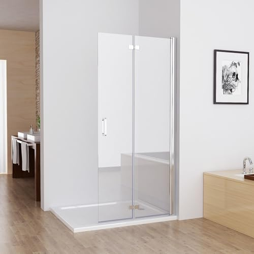 MIQU Nischentür 75 x 195 cm Walk in Duschabtrennung Faltbar Duschwand für Dusche Pendeltür Falttür Duschtür aus NANO ESG Glas Rahmenlos duschtrennwand ohne Duschwanne