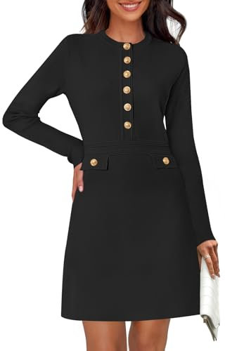 MEROKEETY Women's Long Sleeve Bodycon Sweater Dress Button Crew Neck Elegant Formal Mini Dresses, Black, XL