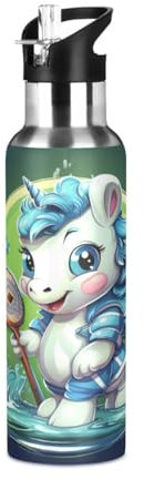 Niigeu Joli Bébé Licorne Golf Bouteille d'eau Isotherme avec Paille en Acier Inoxydable Gourde, Sans BPA Gourdes Eau pour Enfant Sport Randonnée École Bureau (600ml/1L)