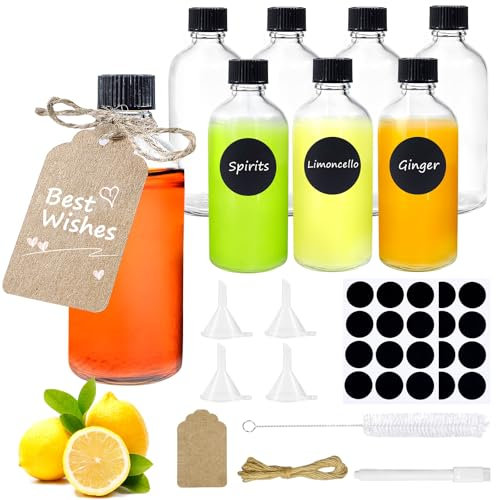 Mispudin 8-Pack 100ml Glass Shot Bottles with Lids, Small Ginger Shot Bottles Glass, Empty Juice bottles with Lids, Funnel, Labels, Pen, Brush, Hang Tag, Mini Bottle for Liquor Wedding Favours