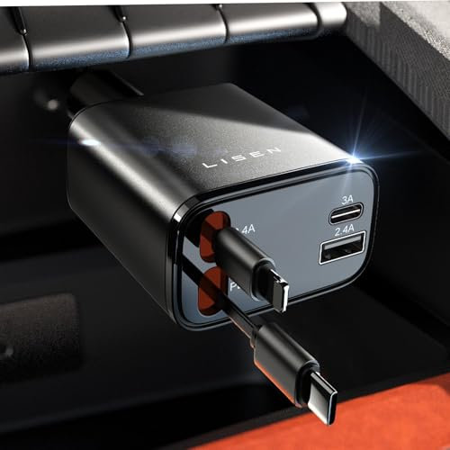 LISEN Retractable Car Charger 4 in 1 for Cars, 69W Retractable USB C Car Charger with 31.5in Cable, Fast Charging for iPhone 17 16 15 14 13 12 Pro Max Plus, Compact Cars Accessories for Daily Driving