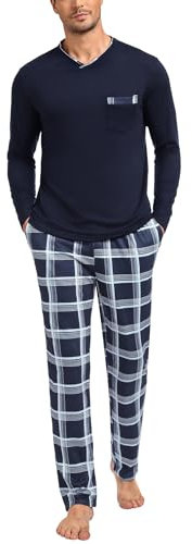 Leversic Pyjama Homme Hiver Coton Vêtements de Nuit Ensemble Col en V Manches Longues et Pantalon à Carreaux Bleu Foncé S