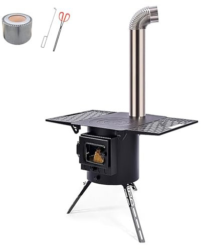 Kaminofen Holzofen mit Deckelring, Tischkamin Outdoor, Zeltofen mit Rohr, Multifunktionaler Klappbarer Brennholz Ofen für Picknick Ländliche Küche Grill Im Freien
