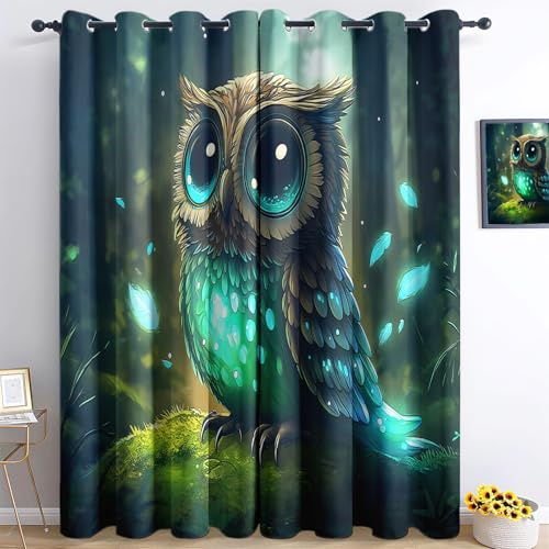 Generisch Blickdicht Vorhang Anime-Stil Tiere Eule Wald B117 x H138cm Vorhänge mit Ösen, 3D-Druck Gardinen, Verdunklungsvorhänge 2er Set, für Büros Wohnzimmer Schlafzimmer Kinderzimmer