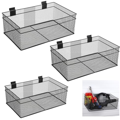 IGNPION Set of 3 Slatwall Storge Baskets, Metal Wire Slat Wall Panel Storage Bins, Garage SlatWall System Accessories Hanging Baskets, Multi purpose PVC Slatwall Organizer Basket with 3 size