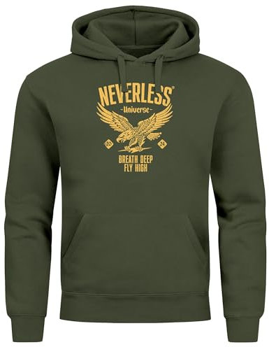Neverless® Hoodie Herren Adler Eagle Print Retro Aufdruck Vintage Design Kapuzen-Pullover Männer Fashion Streetstyle Oliv XL