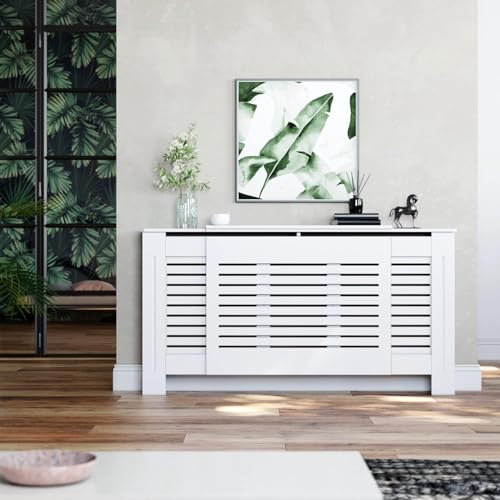 ELEGANT Radiator Cover White Painted Radiator Cabinet Horizontal Slatted Grill Top Storage Shelve MDF Wood Living Room Cabinet, XL Adjustable,19 x 203 x 82 cm
