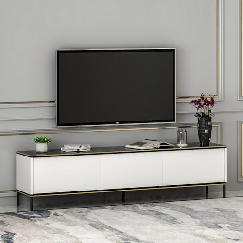 Hanah Home Stylish White TV Stand, 180 cm Wide, 45.2 cm High, 35 cm Deep | 100% Melamine Coated Particle Board, 18 mm Thick | Wall-Mountable with Multiple Shelves