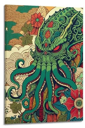 KIUYGPPJ Japanisches Kraken Cthulhu-Illustrations-Poster, dekoratives Gemälde, Leinwand, Wandposter und Kunstdruck, moderne Familienschlafzimmer-Dekoration, Poster, 60 x 90 cm